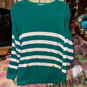 Striped Teal and White Women's Crew Neck Sweater